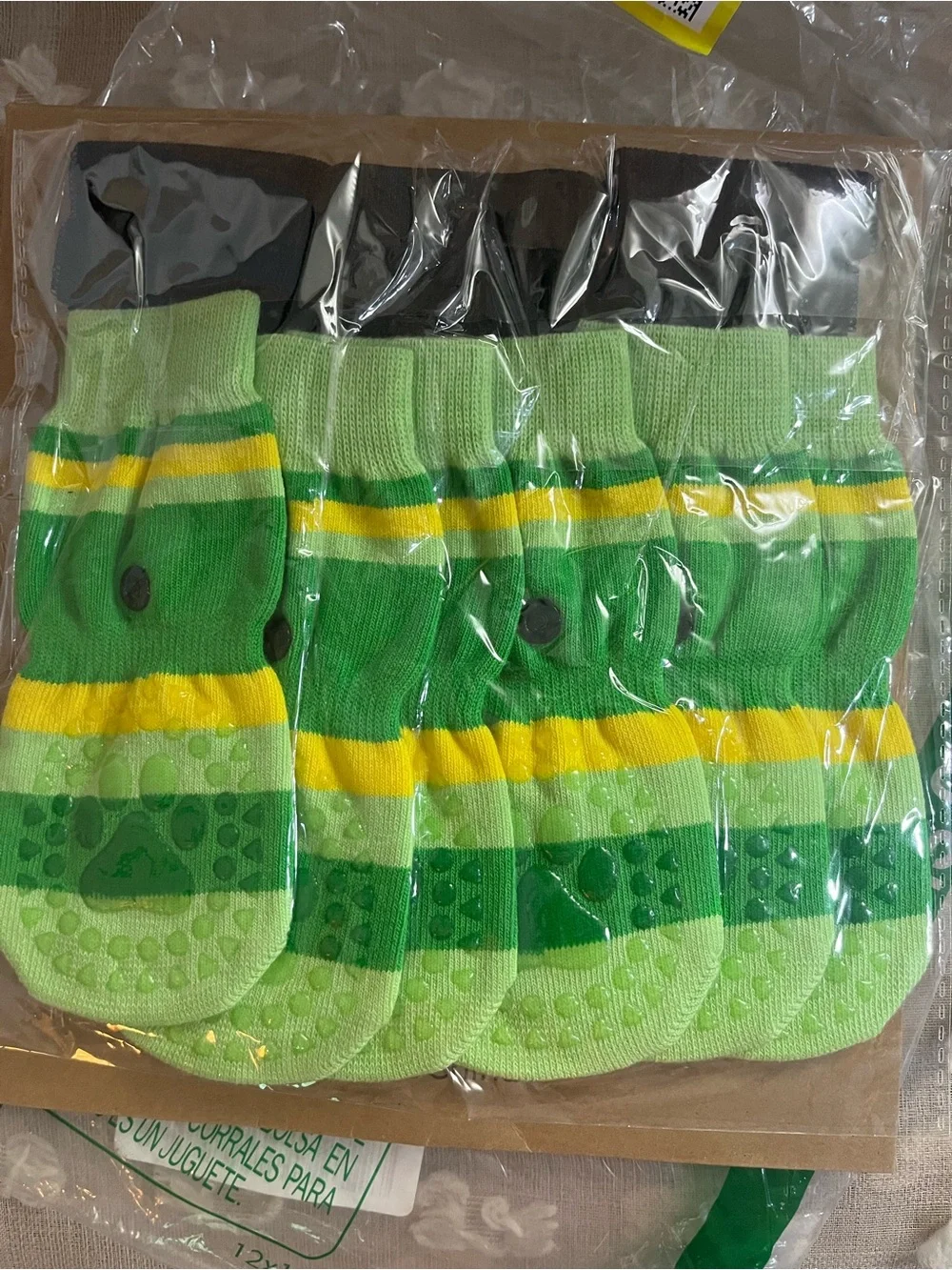 Non-Branded Green & Yellow Striped Dog Socks with Anti-Slip Soles